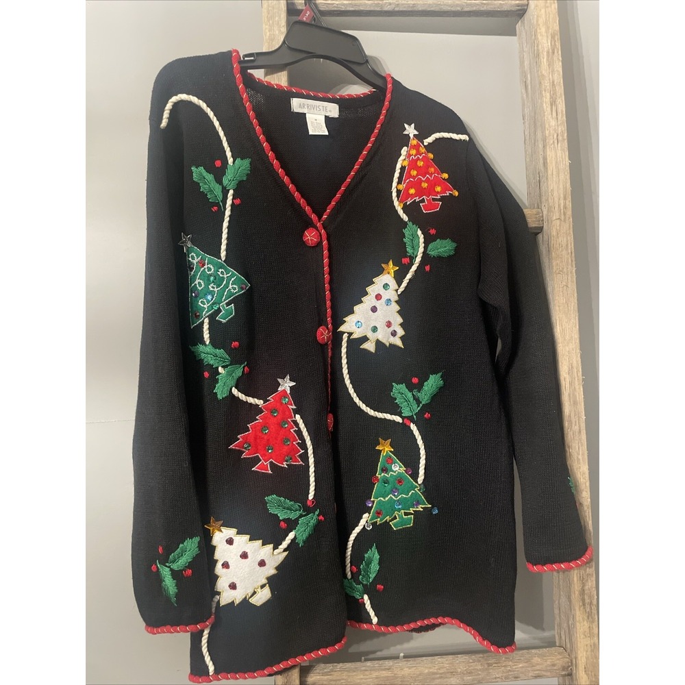 Arriviste Ugly Christmas Sweater Cardigan Christmas Trees Black Size S Button Up